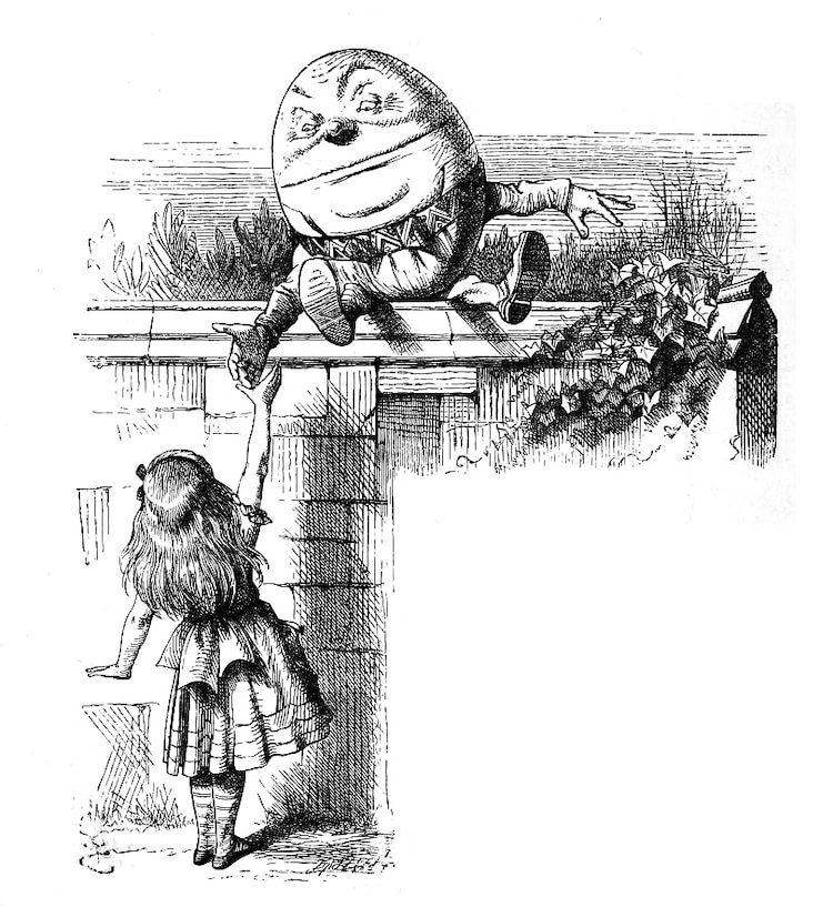 Tenniel's famous illustration of Humpty Dumpty sitting on the wall, speaking to Alice