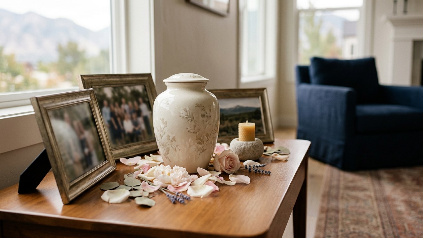 A serene memorial display with a ceramic urn, framed pictures, and delicate flowers.