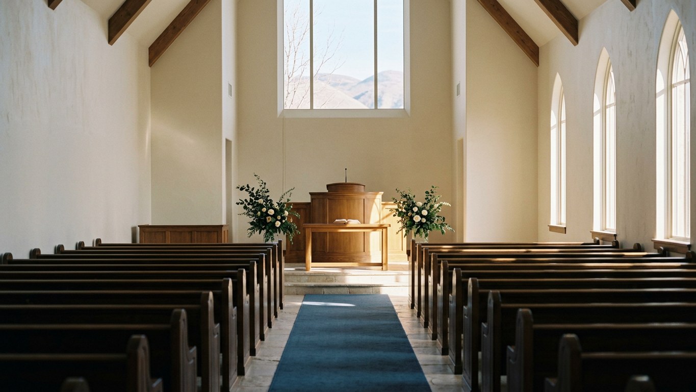 Interior of a peaceful, empty chapel sanctuary with polished wood pews.