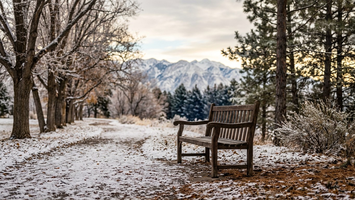 A peaceful wooden bench beside a path dusted with snow during a quiet morning.