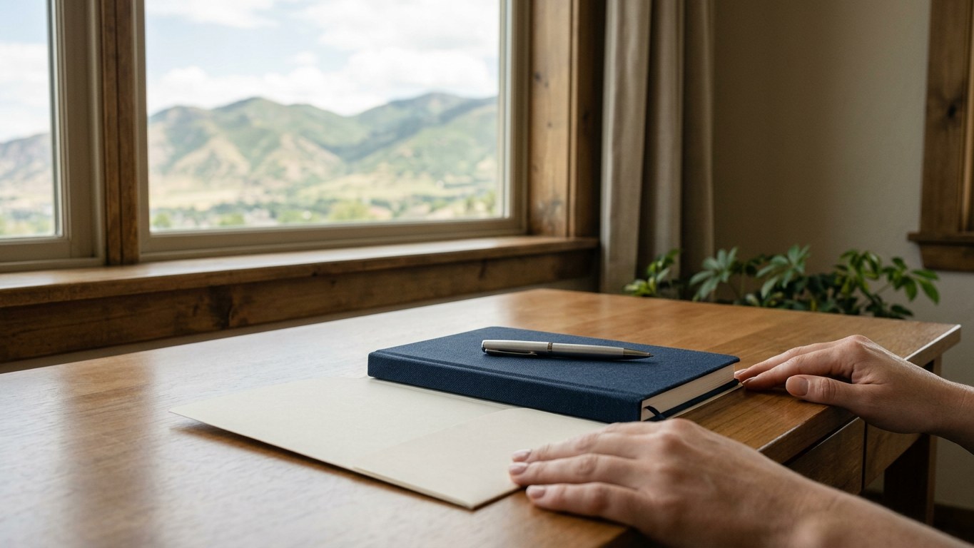 A sunlit desk with a notebook and pen beside a window overlooking gentle mountain peaks.