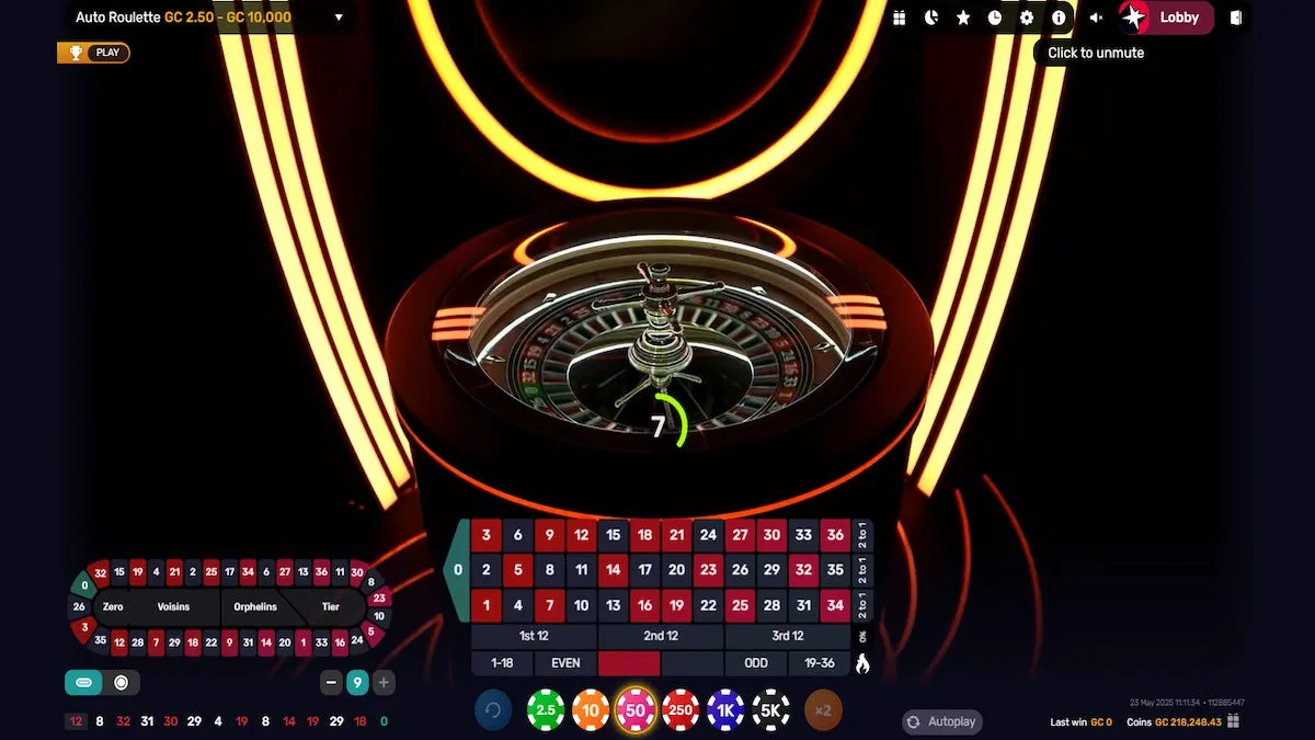 The Auto Roulette live game with the wheel spinning and a countdown showing 7 seconds. The screen shows a number grid with red and black options, chips of various values, a control panel, a leaderboard, and a coin balance.