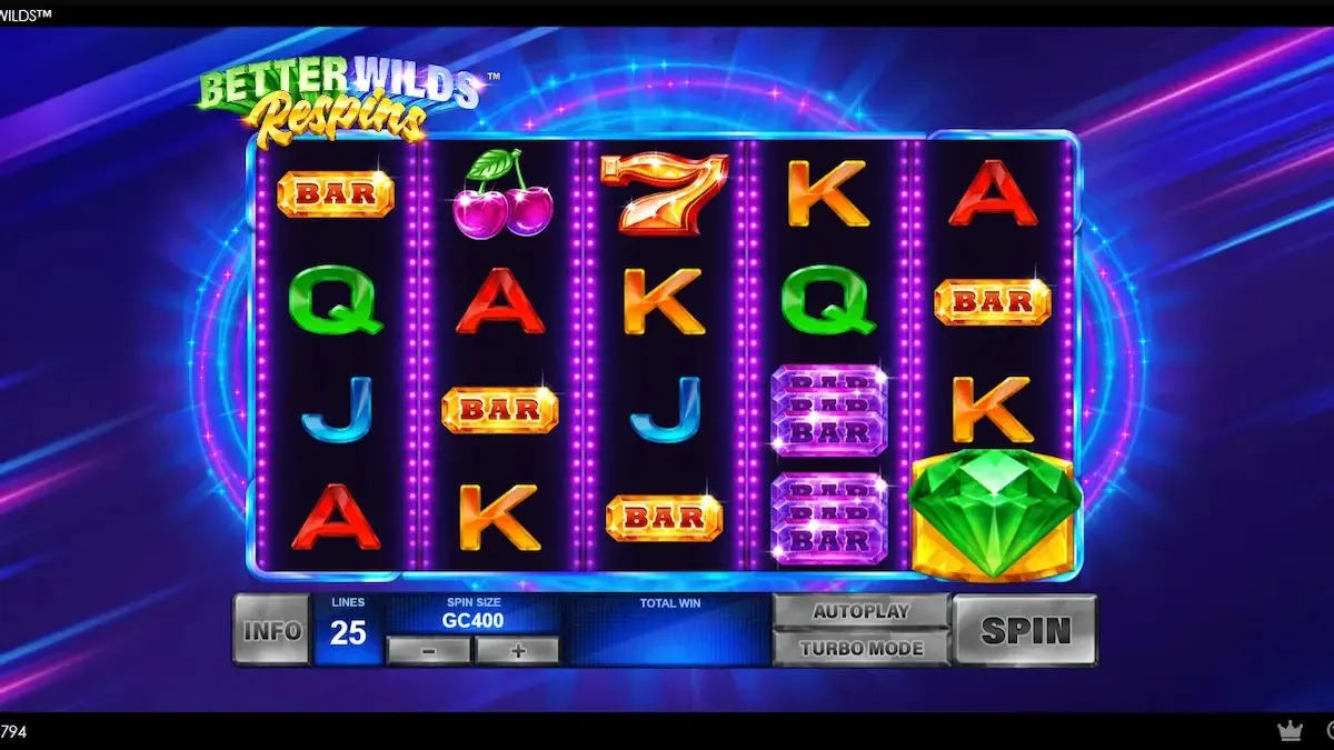 Base game screen of Better Wilds with classic slot symbols including bars, cherries, and a green gem, before a respin.