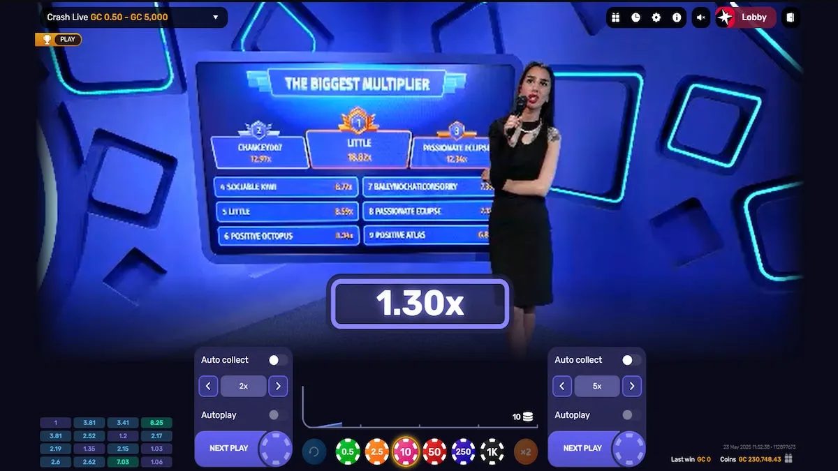 The Crash Live game show has a female host in a black dress holding a microphone. A leaderboard shows the top multipliers. The current multiplier in the center reads “1.30x.” 
