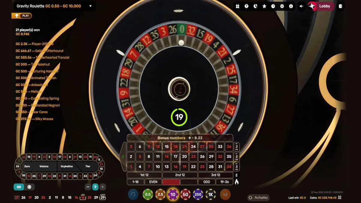 The Gravity Roulette live game shows a top-down view highlighted by a green countdown at 19 seconds. The number grid shows red and black selections, with multiplier values on select positions. Recent results and coin amounts are listed on the left.
