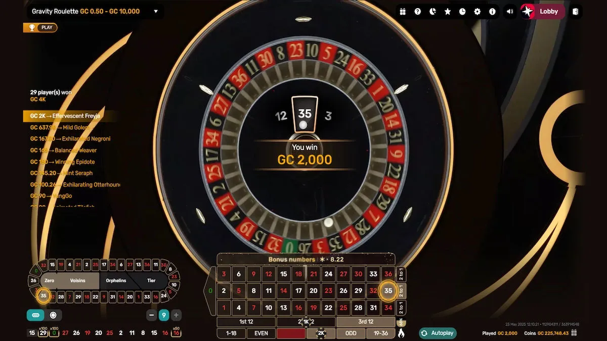 The Gravity Roulette live game shows the white ball landing on number 35. A message reads, “You win GC 2,000.” Recent player results and game controls are visible on the left and bottom.