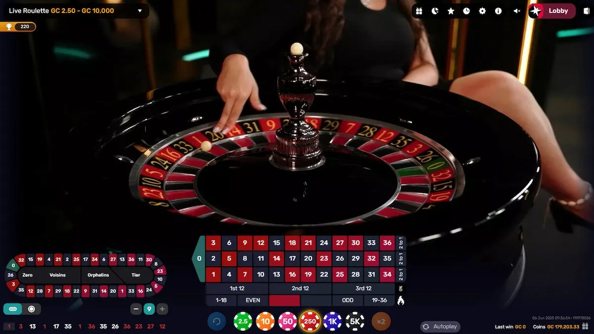 A traditional roulette wheel is shown with the dealer pointing to the winning number. A full play table and chip options are displayed for the Live Roulette game.
