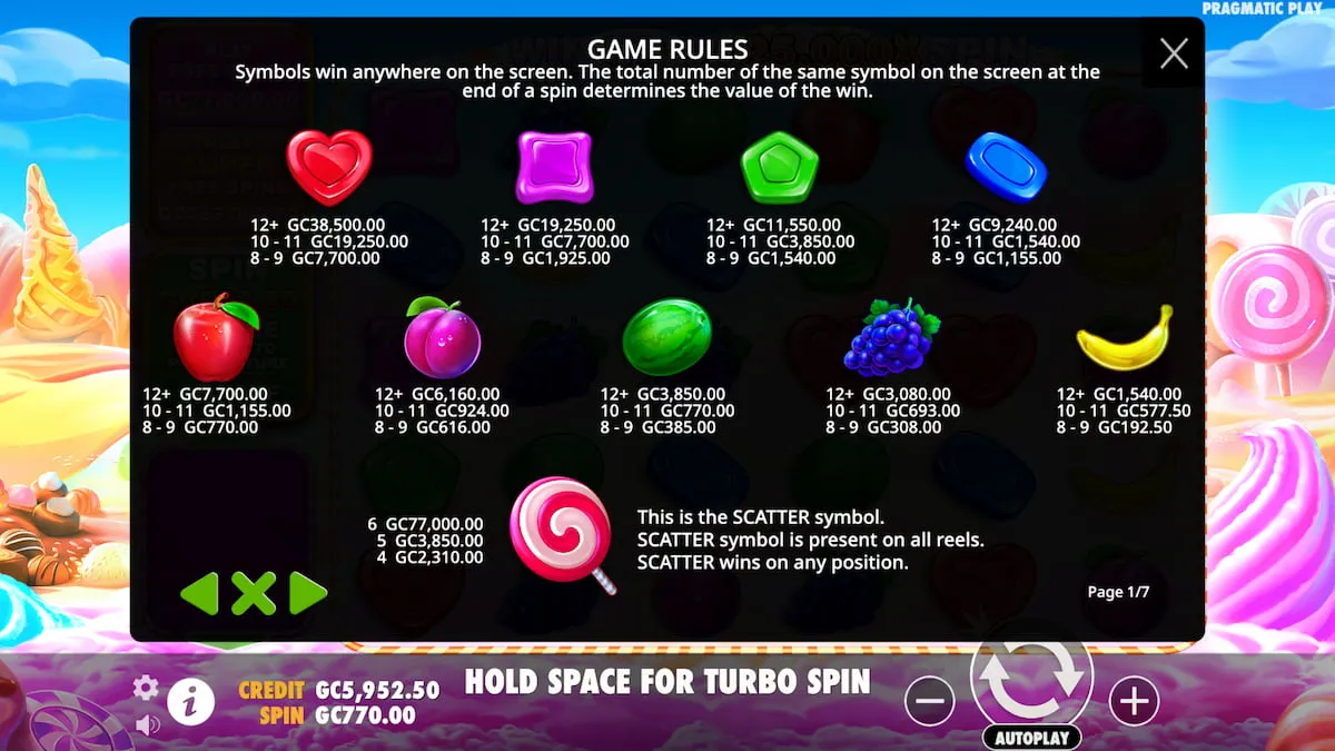 Sweet Bonanza 1000 slot wintable and rules