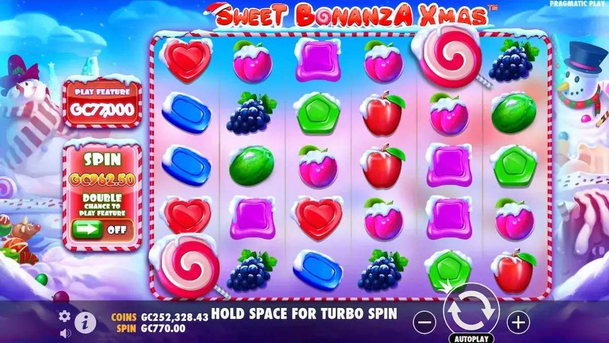 Sweet Bonanza Xmas gameplay screen with colorful candy and fruit symbols arranged across the reels.