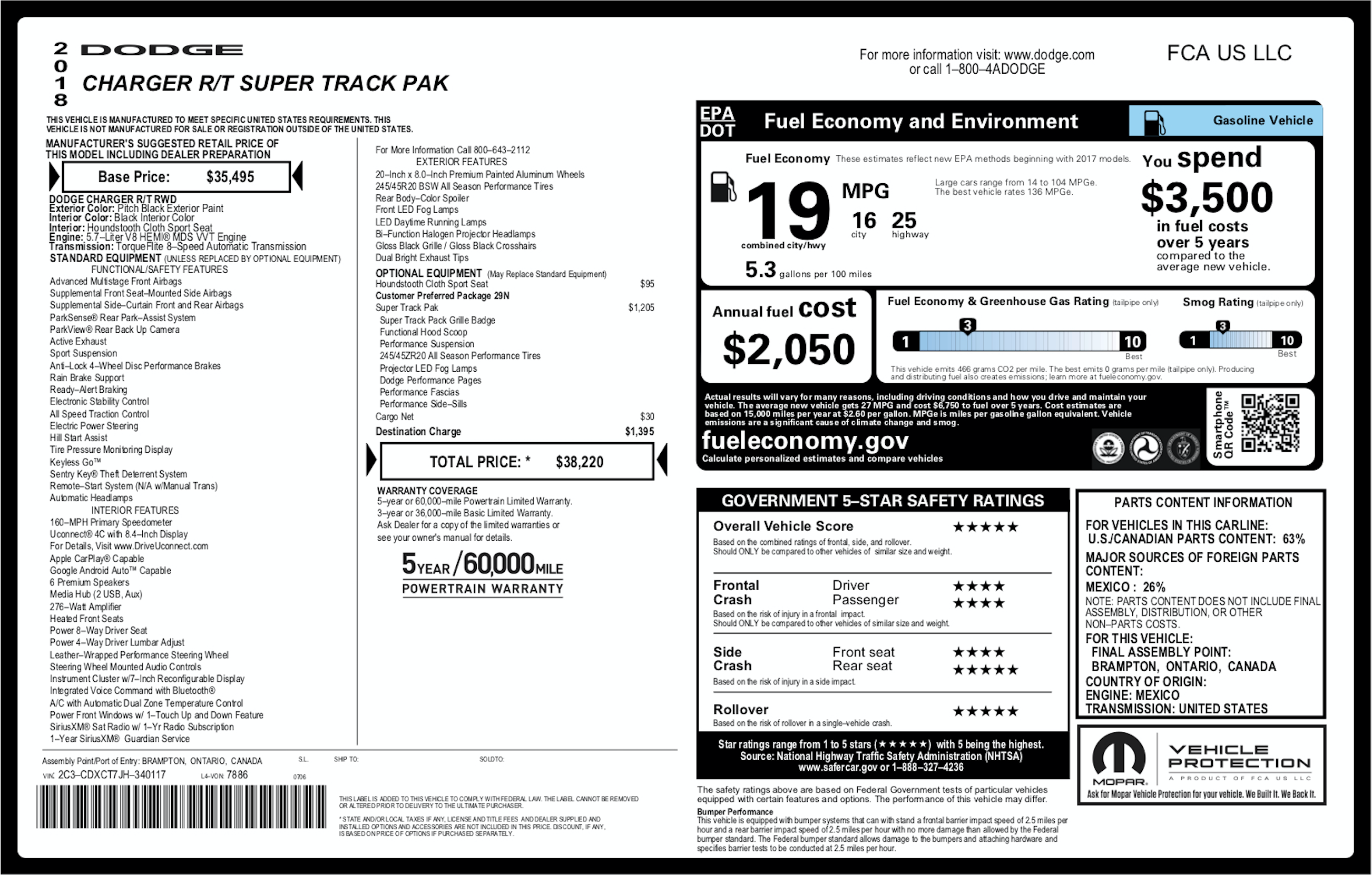 2018 Dodge Charger manufacturer window sticker