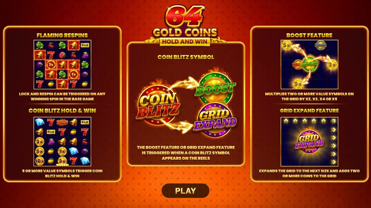 Set of bonus features on 64 Gold Coins Hold and Win online slot game at SpinBlitz