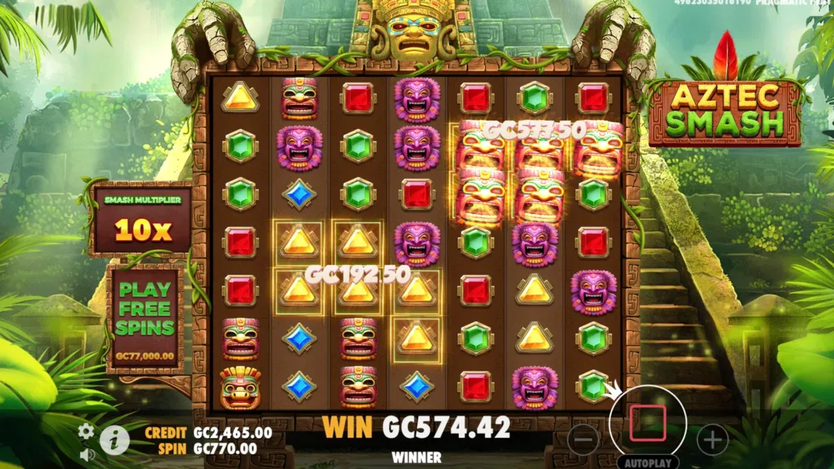 Tumble feature available on 3 Aztec Smash social casino slot game