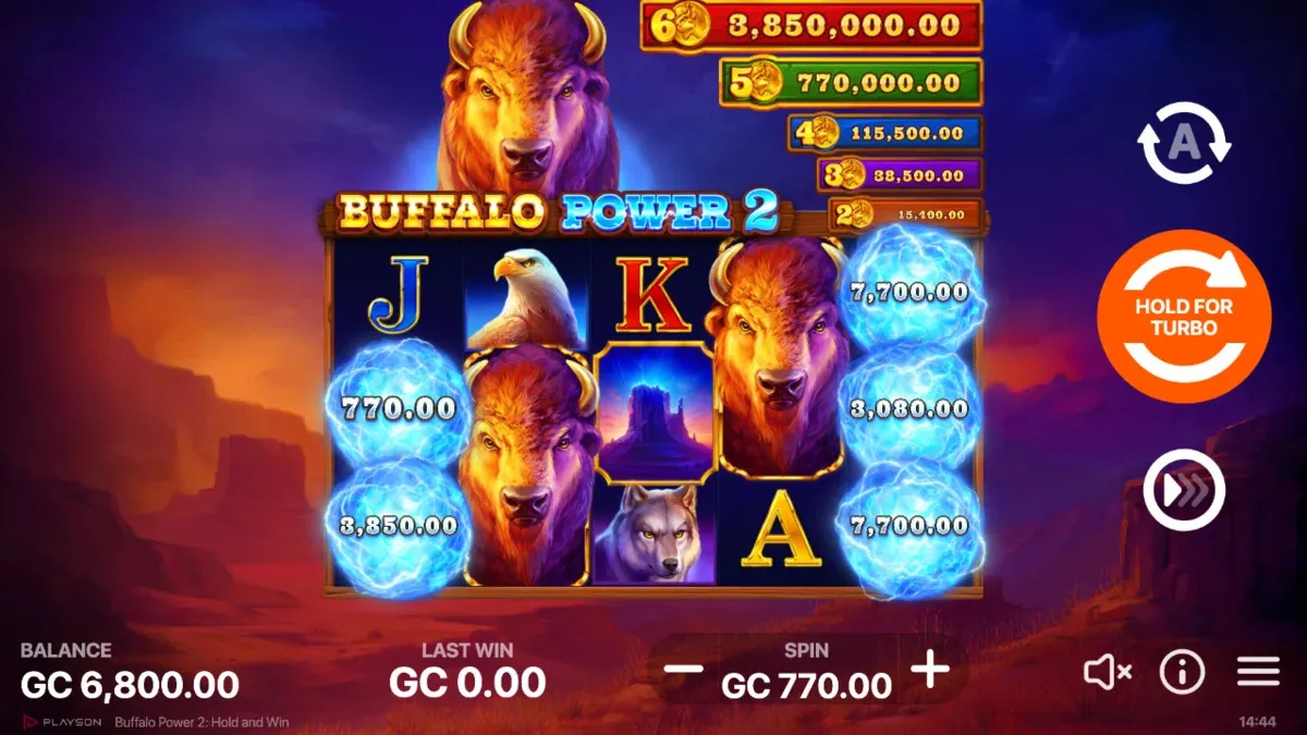 Slot grid on Buffalo Power 2 Hold and Win Online social casino game