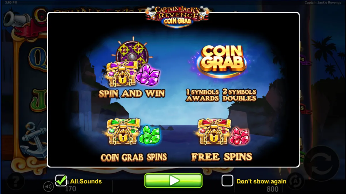 Bonus features available on Captain Jack's Revenge: Coin and Grab Slot Game