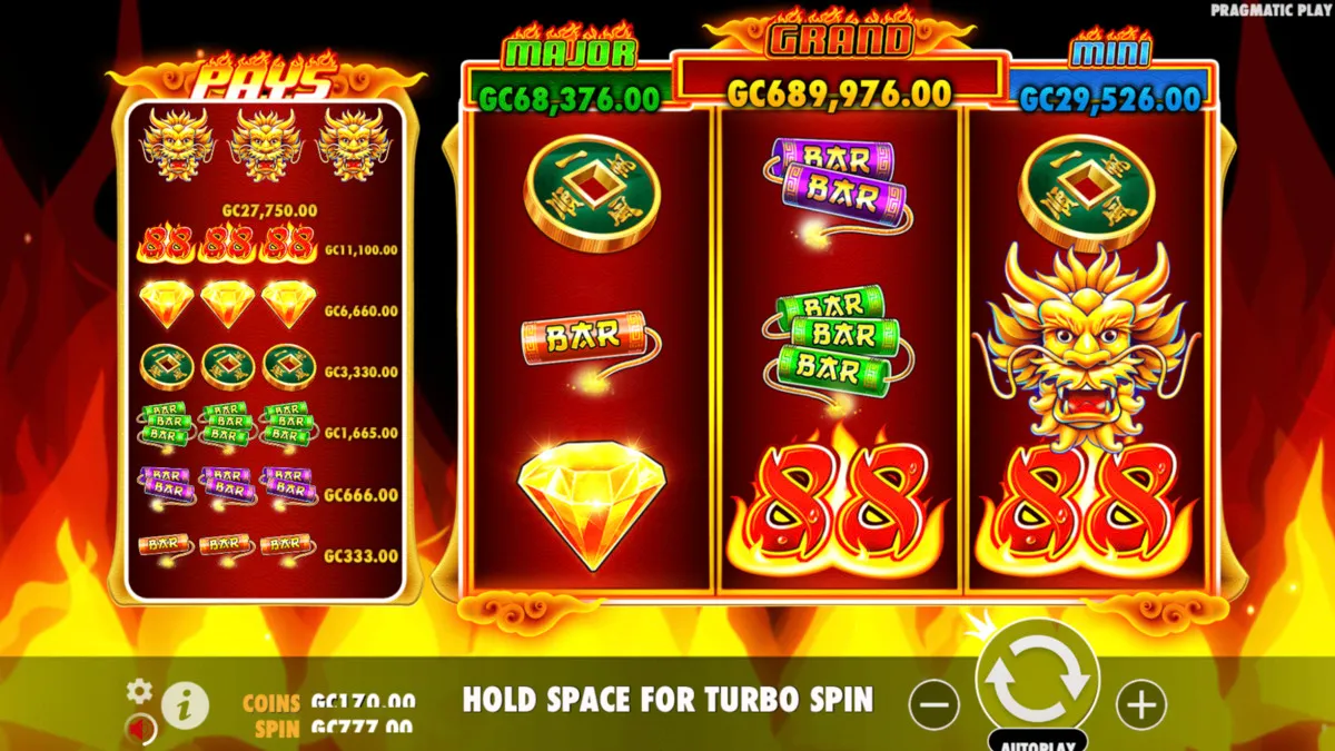Slot game play on Fire 88 social casino game