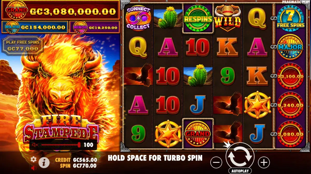 Gameplay on Fire Stampede online slot at SpinBlitz free spins online casino