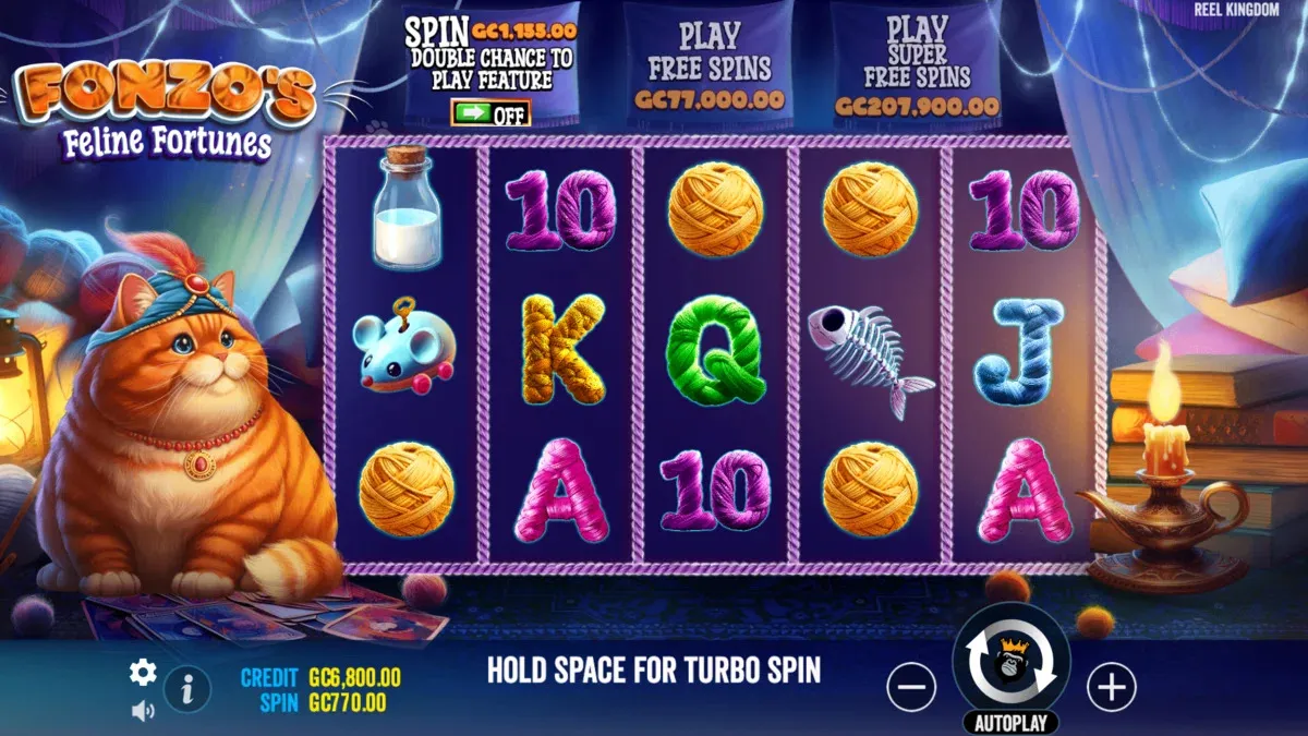 Initial screen on Fonzos Feline Fortunes slot game