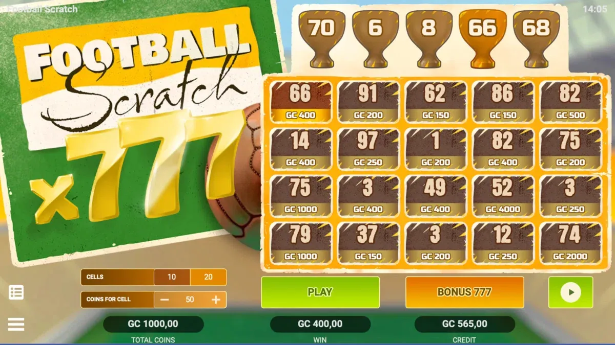 Lobby of Football Scratch scratch-off game at SpinBlitz