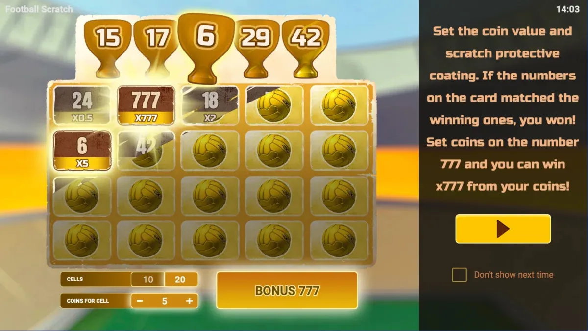 Scratch-off gameplay of Football Scratch game