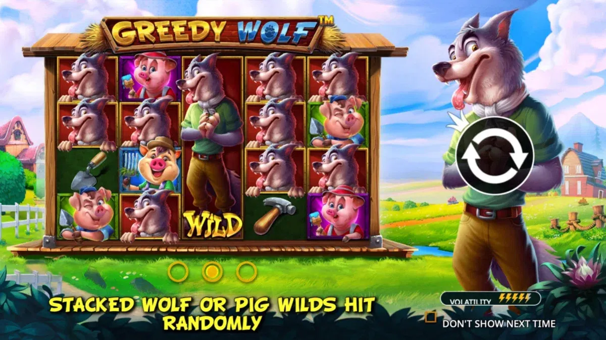 Game bonus features for players of Greedy Wolf online slot game, at SpinBlitz social casino