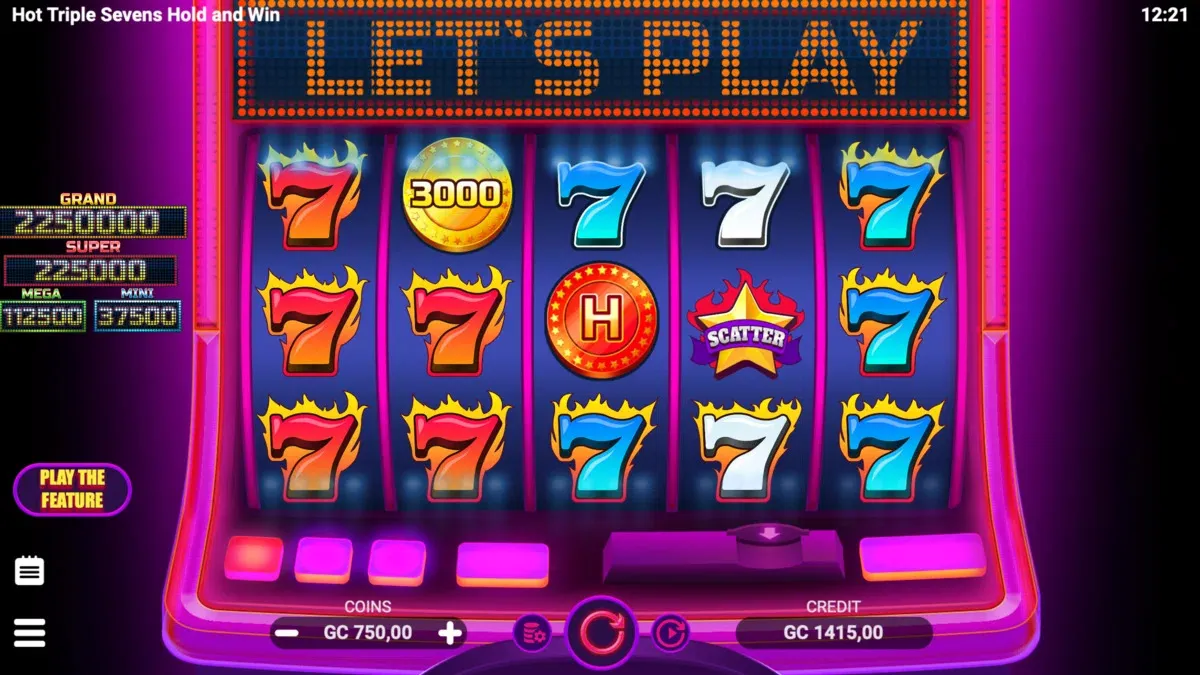 Game screen on Hot Triple Sevens Hold and Win online slot game at SpinBlitz