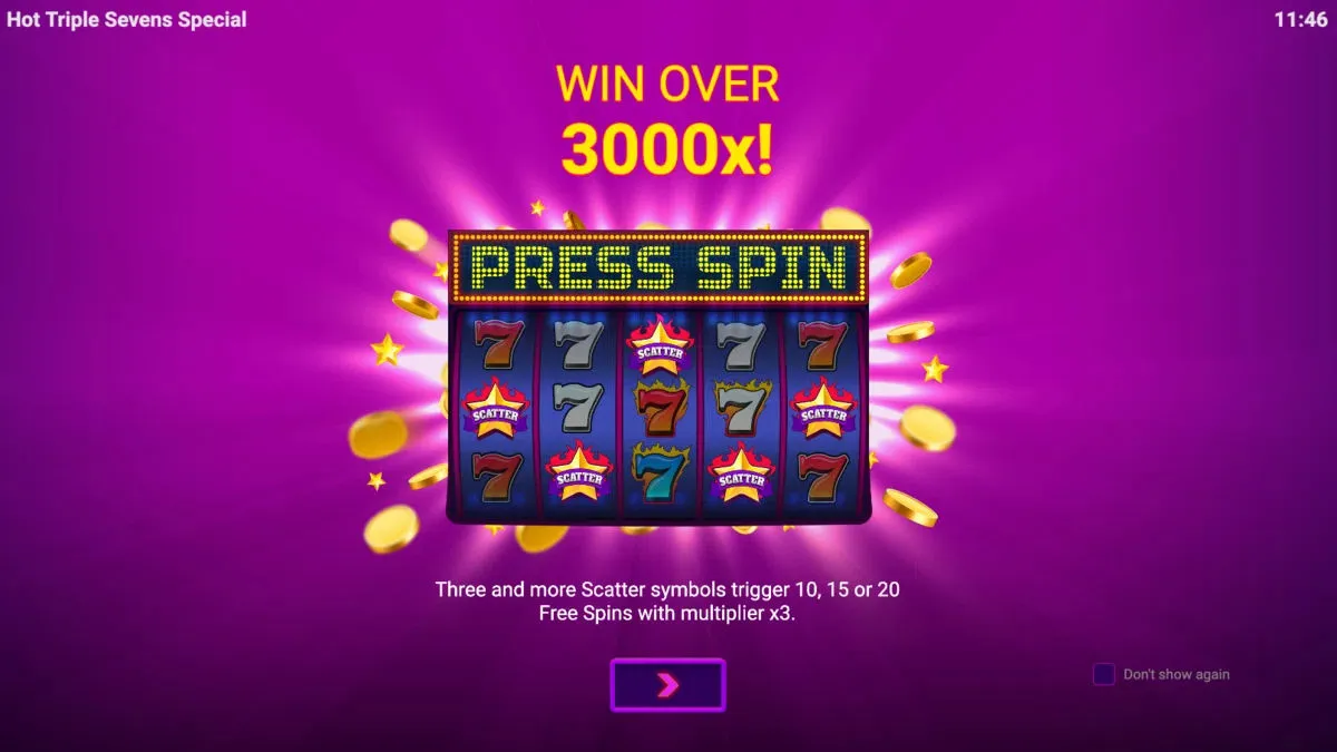 Maximum reward on Hot Triple Sevens Special slot game at SpinBlitz social free spins casino