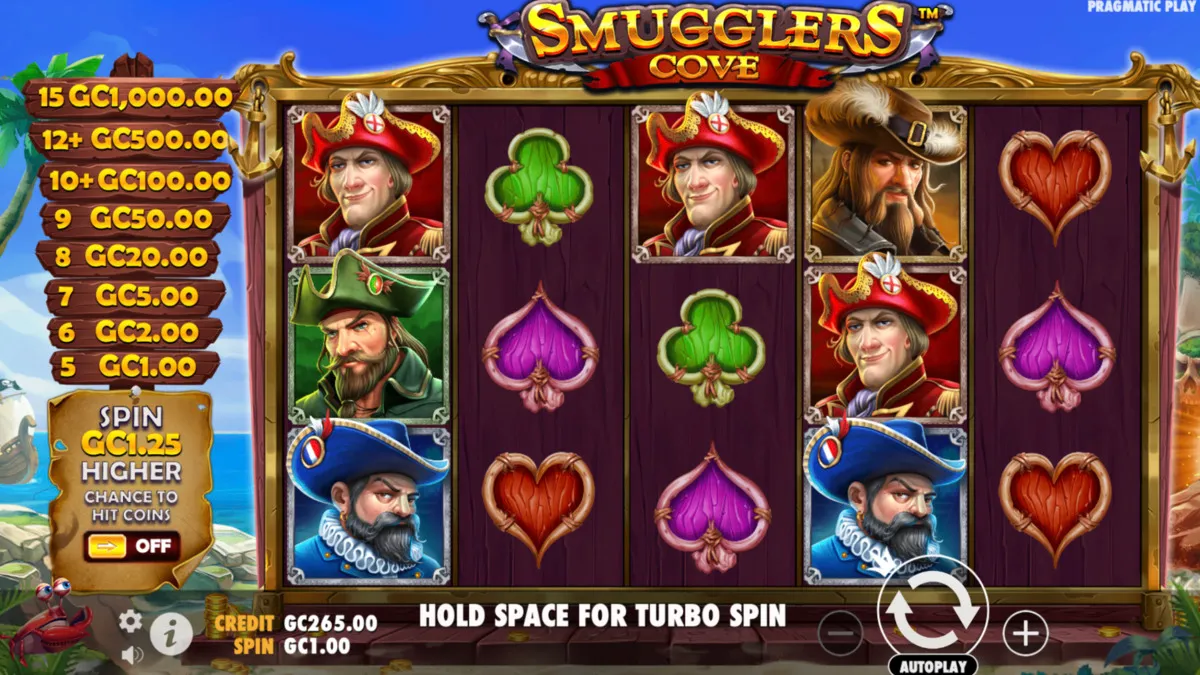 Playing screen of Smugglers Cove online slot, at SpinBlitz free spins casino