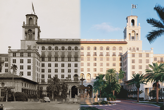 Historic and current split view of The Breakers Main Drive