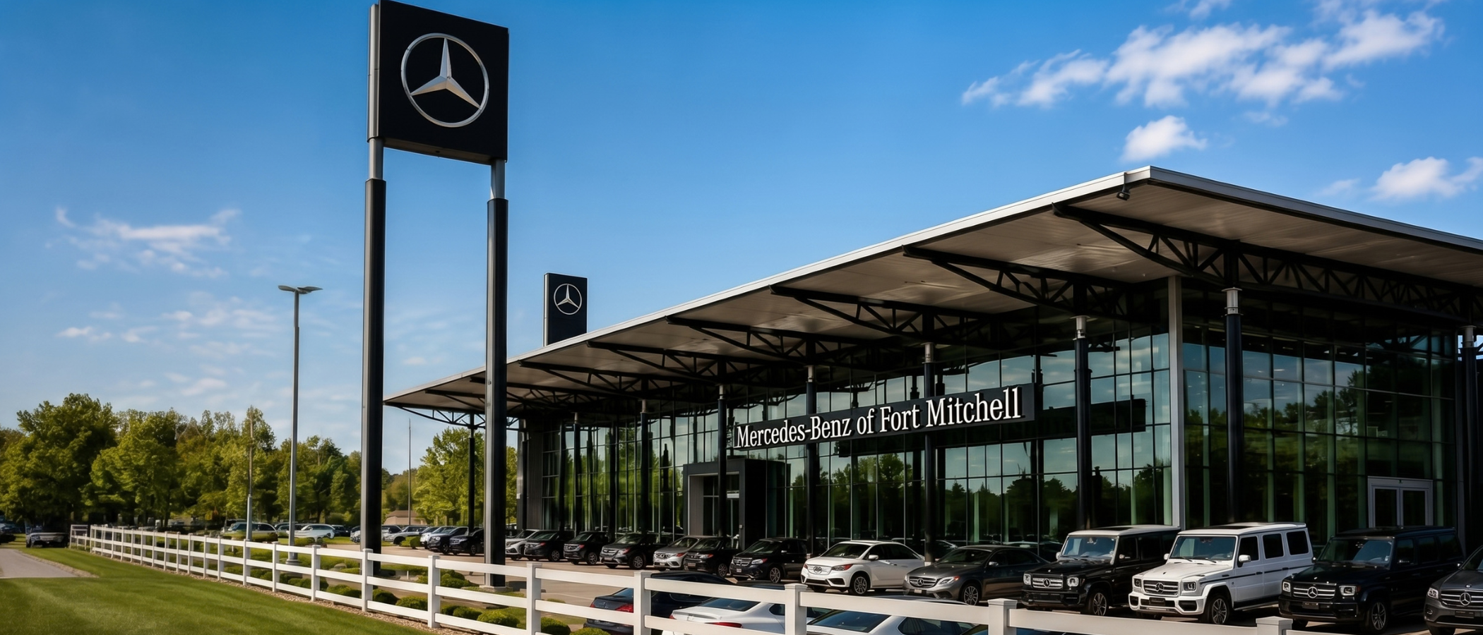 Exterior of the Mercedes-Benz of Fort Mitchell showroom with vehicles parked out front
