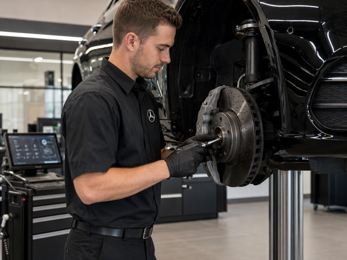 A technician in a Mercedes-Benz uniform working on the brakes of a vehicle raised on a lift