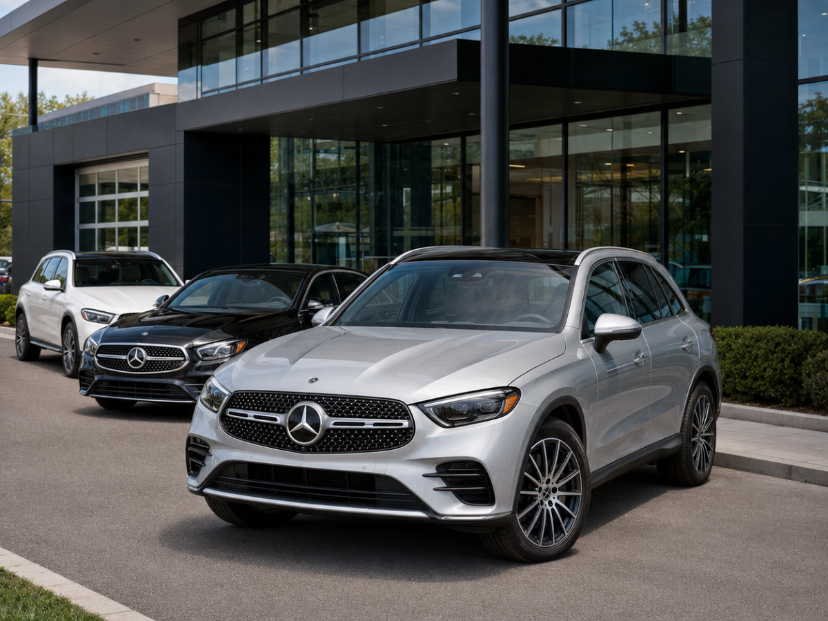 Mercedes-Benz vehicles parked outside the dealership, with a silver SUV in front