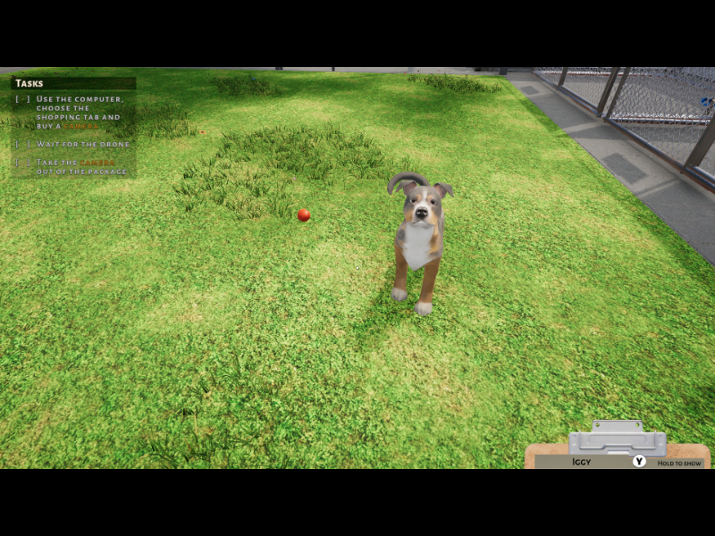 Still from the game showing a CGI dog and a ball.