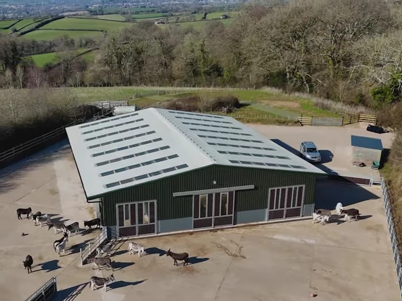 An aerial view of a single-storey barn among stunning green pastures with donkeys milling about.