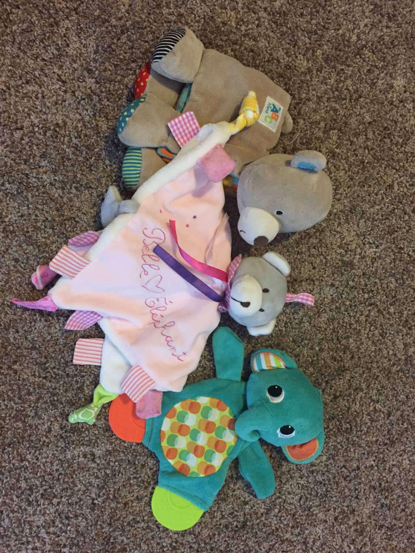 Crinkle Toys: Carter’s Plush Bear Book, Bright Starts Snuggle Teether, Belle Elephant Baby Pink Plus