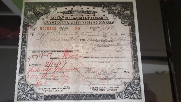 Authentic medical whiskey prescription during prohibition 