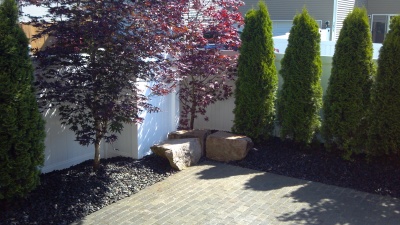 Back yard landscape design and installation with black rock. Olympia,lacey, Dupont, WA