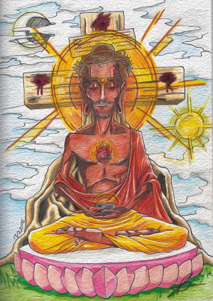 Buddha, Jesus Christ, Sacred heart, lotus position, Boddhisattva