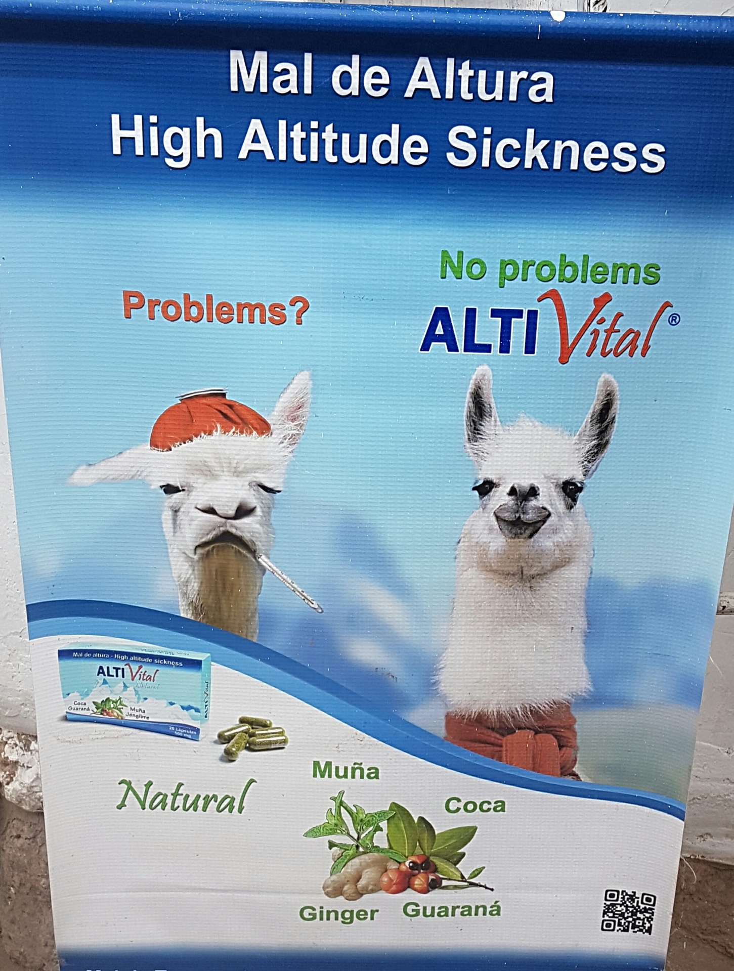 poster advertising natural cures for altitude sickness in Cusco