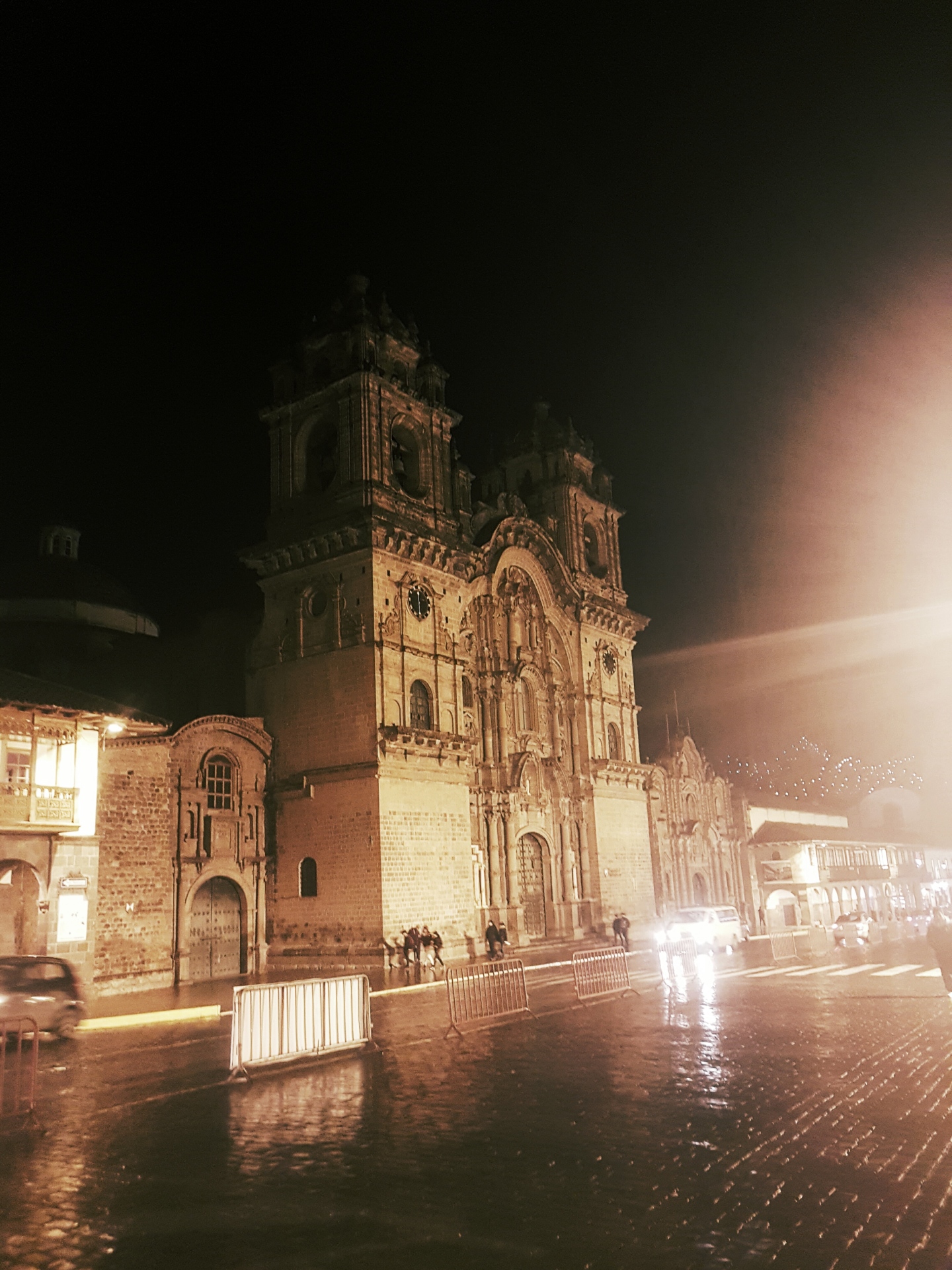 Cusco cathedral on a rainy night