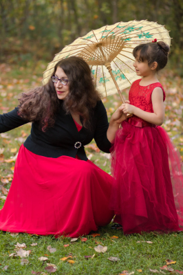 red, dresses, forest, fall, motherhood