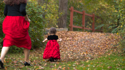 motherhood, toddler, red, dresses, forest, fall