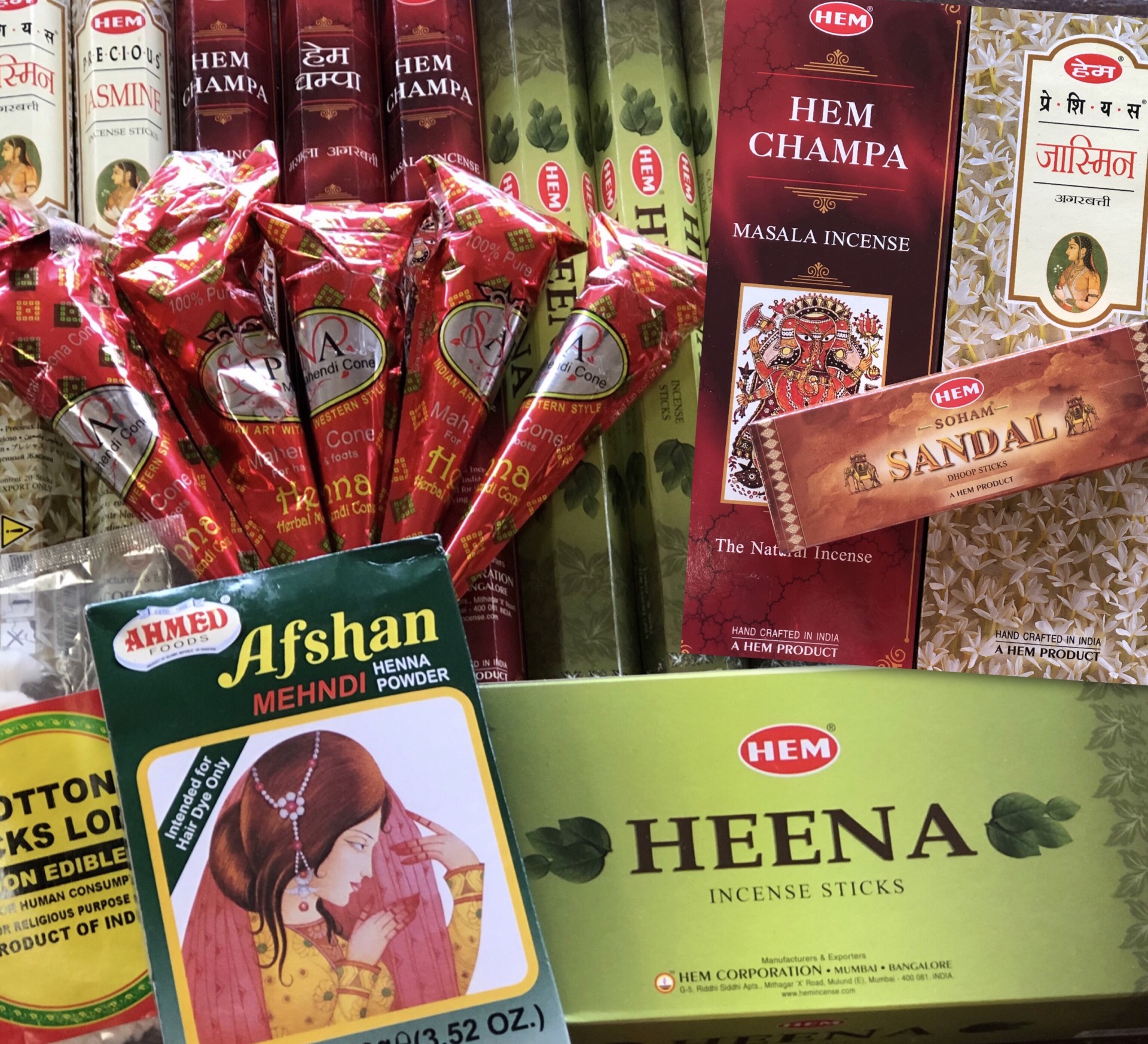 International products including henna and incense at NoCo International Groceries in Fort Collins