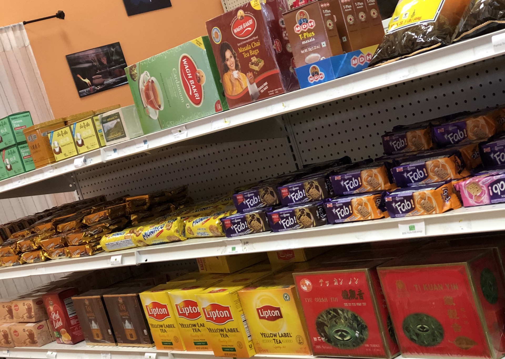 Variety of international tea, coffee, cookies at Fort Collins international supermarket