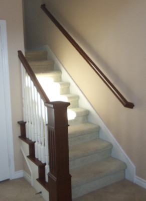 stair remodel, stair repair, white balusters, railing, newels, 