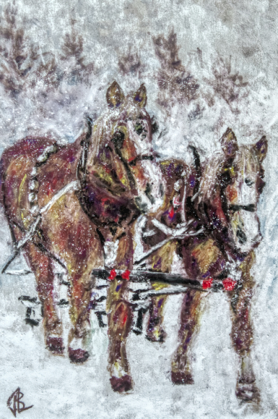 Two-Horse Open Sleigh - 13 x 16 inches, framed