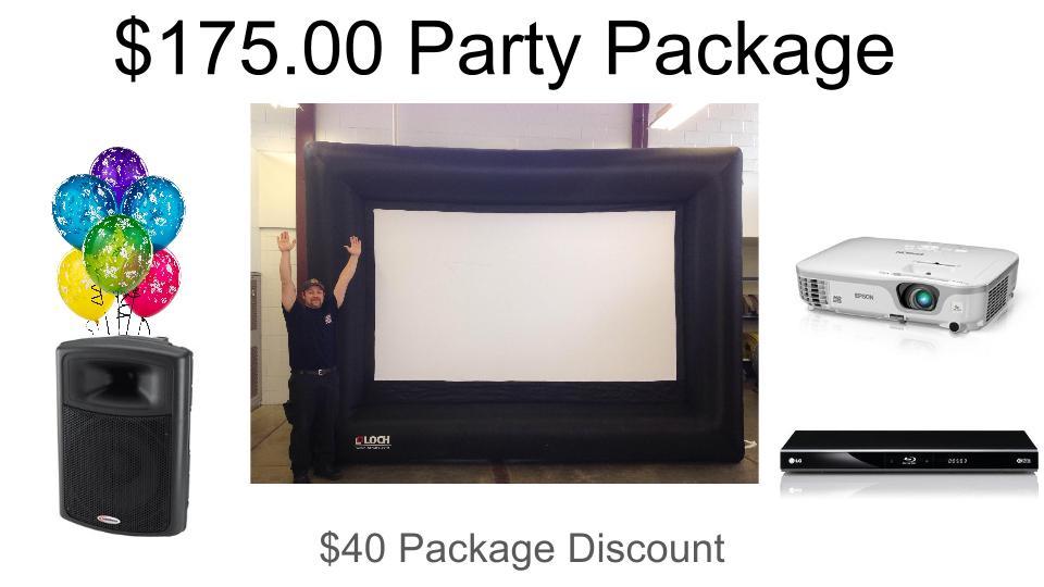 Outdoor party package, projector, rear projection, inflatable screen, speaker, movie under the stars, projector, dvd player stream, netflix, cinema, blower, inflatable screen, rental, weekend, party idea, birthday