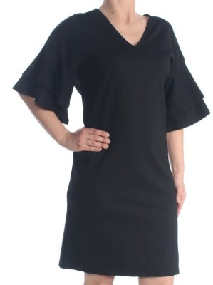 RALPH LAUREN FLUTTER-SLEEVE SHIFT DRESS BLACK