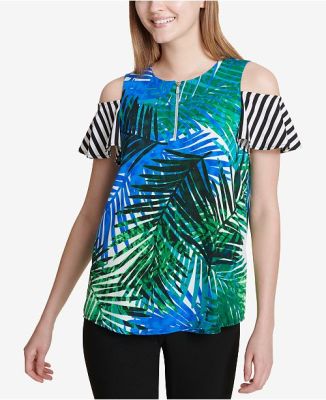 CALVIN KLEIN MIXED-PRINT COLD-SHOULDER TOP CAPRI MULTI 