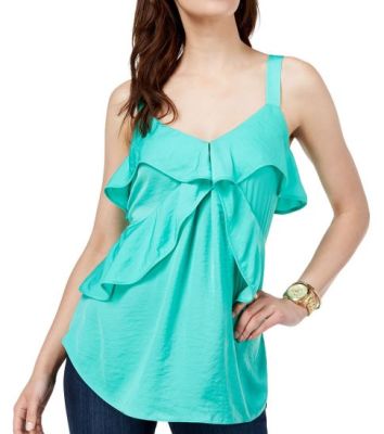 MICHAEL KORS HAMMERED SATIN RUFFLE TANK  AQUAGREEN