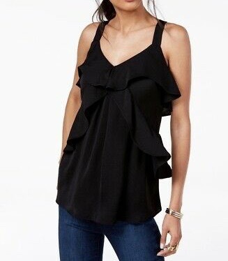 MICHAEL KORS HAMMERED SATIN RUFFLE TANK BLACK